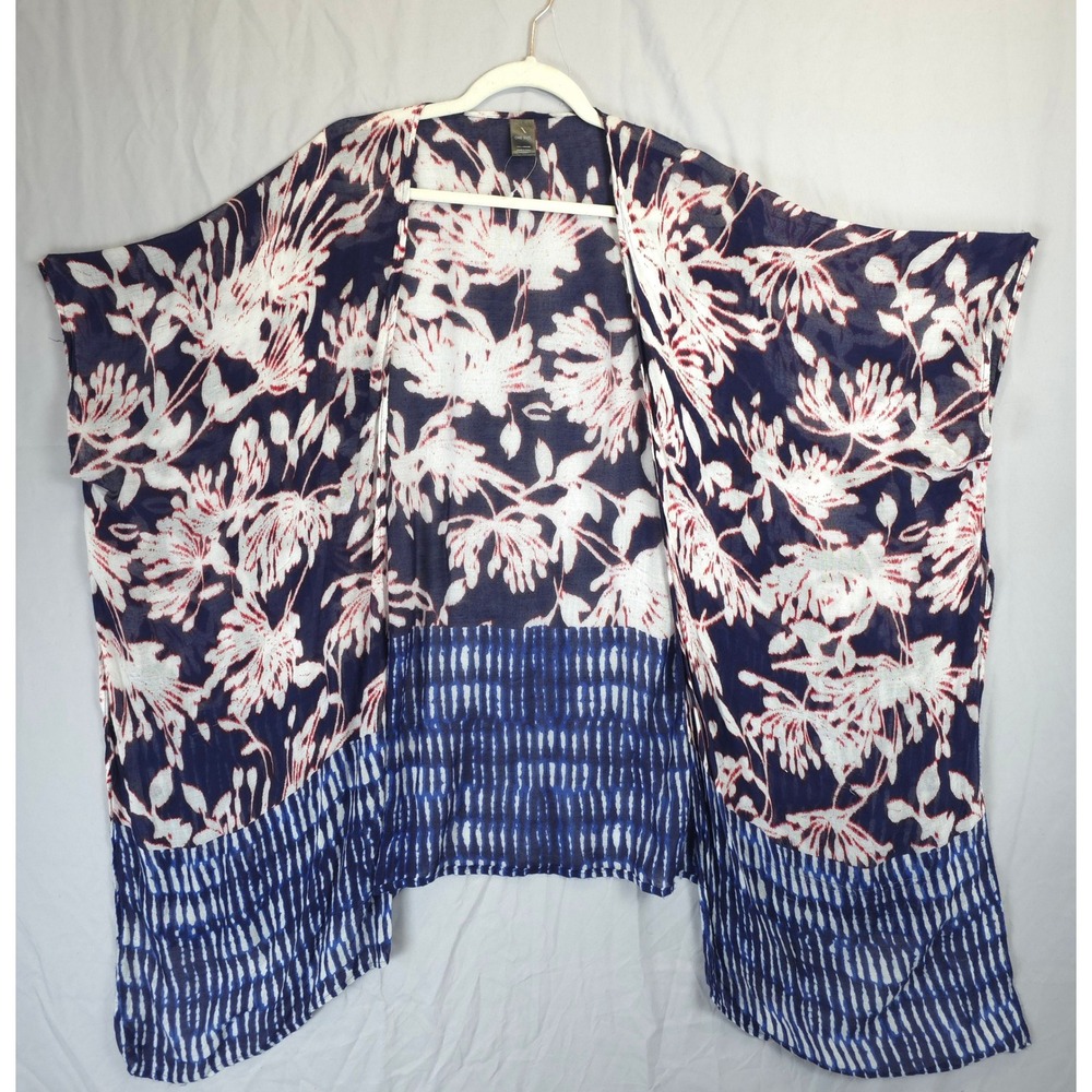 Mixit Women Navy Blue Floral Ikat Kimono Open Front Cover Up OS Beachy Boho Chic